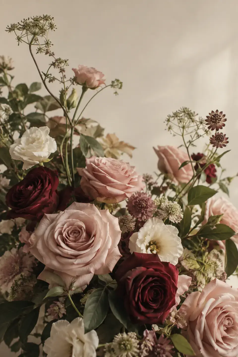 Composición floral decorativa con rosas en tonos suaves