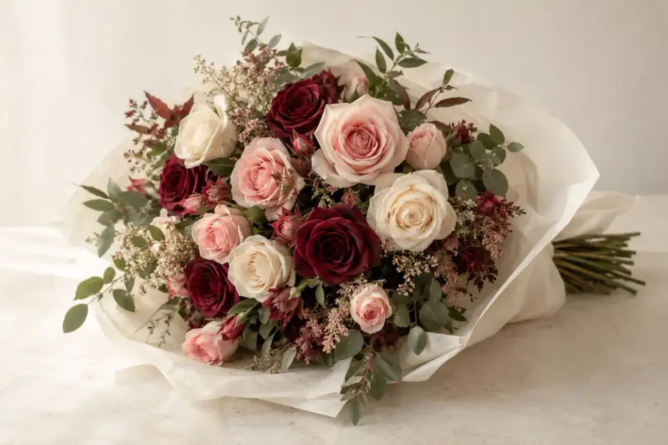 Imagen de inspiración: ramo de rosas en tonos crema, rosa y burdeos