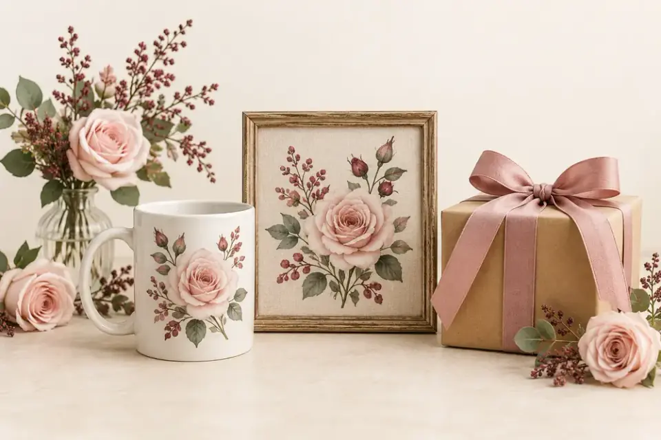 Imagen de inspiración: taza y cuadro con motivos florales junto a un regalo envuelto